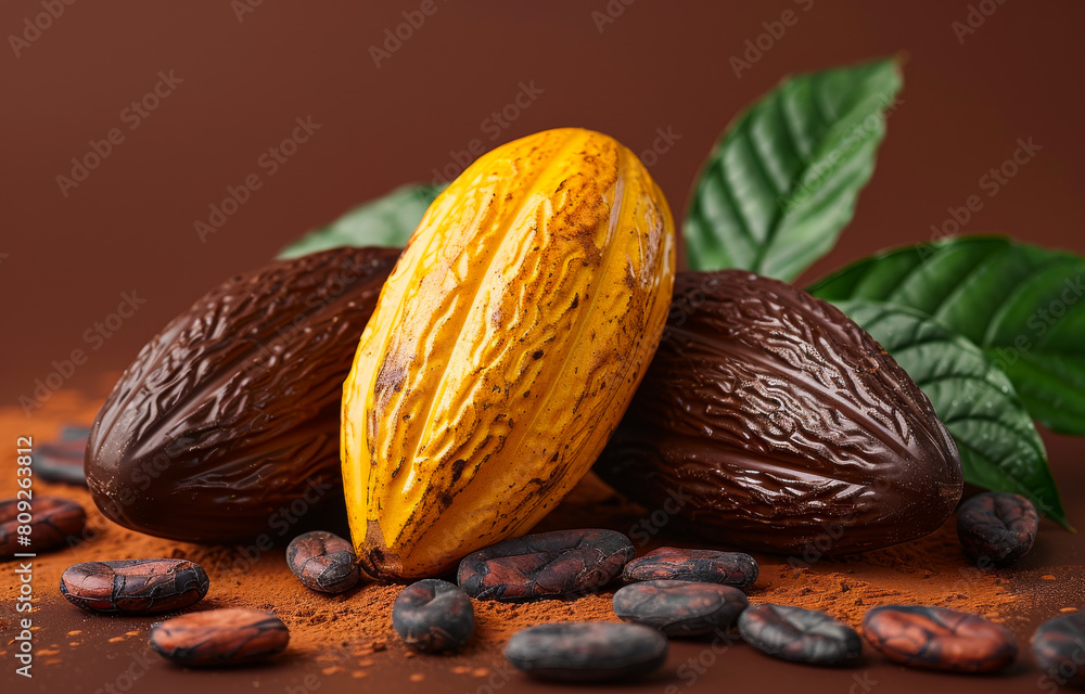 Poster cocoa pod cocoa beans and cocoa powder with cocoa leaves on brown background