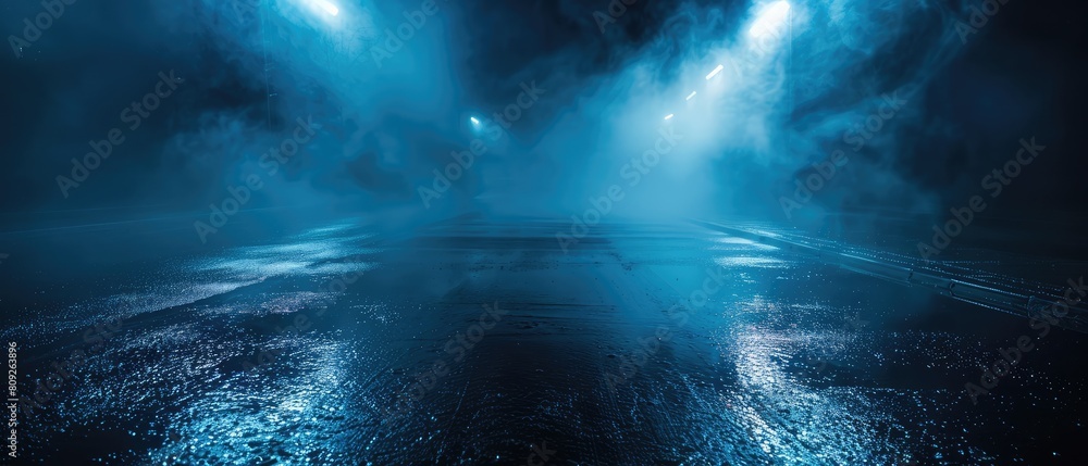 Poster the dark street is illuminated by the reflections of rays on the wet asphalt, creating an abstract s