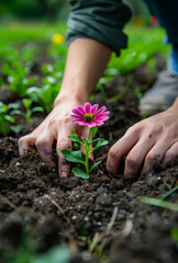 Woman is planting pink flower in the garden