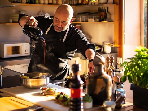 italian handsome chef pouring Balsamic Vinegar on food, - Powered by Adobe