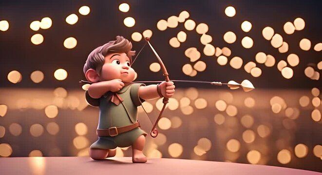cute cupid charcter ready with arrow, light bokeh background 