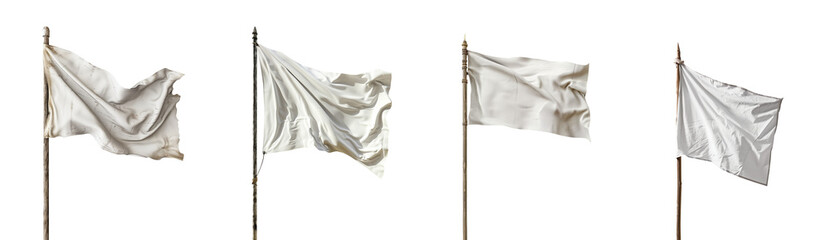 Set of white blank medieval and contemporary empty white flags blowing in the wind. New and old. Tattered and worn. Set 02