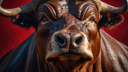 One big strong bull face portrait, closeup view