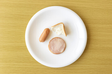皿にのせた少しのパンとチキンとソーセージ。貧困のイメージ