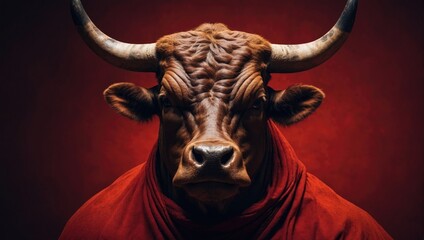 Bullrun crypto news banner. Big strong bull face portrait in red studio background. Financial exchange symbol