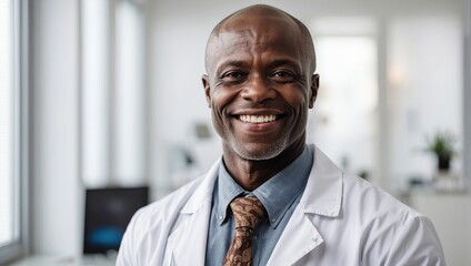 Face portrait of a smiling black doctor at hospital