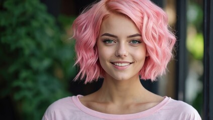 Face portrait of a smiling woman with pink hair