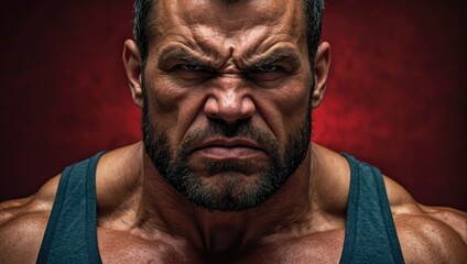 Angry strong man face portrait, studio red background. Bodybuilder look at camera 