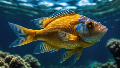 Goldfish underwater macro view