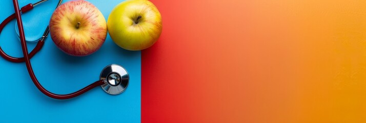 A red stethoscope is on top of two apples. The apples are placed on a blue and orange background. Concept of health and wellness, as the stethoscope is a symbol of medical care - Powered by Adobe