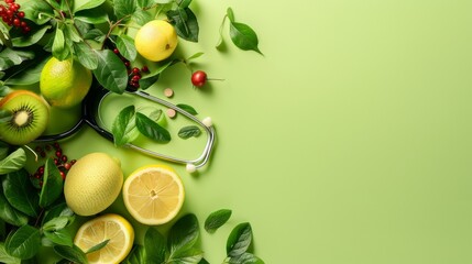 A green background with a bunch of fruits and a stethoscope. The fruits include apples, oranges, and kiwis