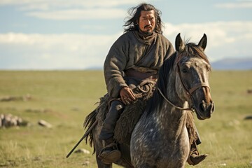 Fototapeta premium A portrait of a serious mongolian man riding a horse across the steppe