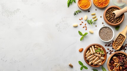 A white background with a variety of spices and herbs in bowls. The spices include cumin, turmeric, and basil