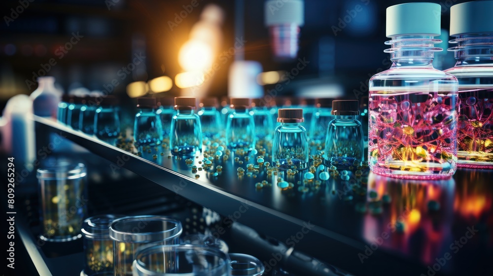 Poster advanced research laboratory environment with illuminated colorful samples in bottles