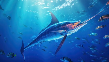 Fototapeta premium Giant Marlin fish in the ocean, beautiful view of marlin fish in the blue ocean