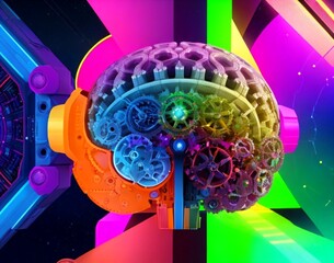 3D Illustration of a Human Brain with Gears and Cogwheels