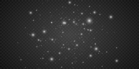 White png dust light. Bokeh light lights effect background. Christmas background of shining dust Christmas glowing light bokeh confetti and spark overlay texture for your design.