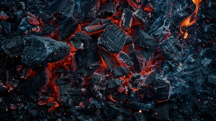 The image is of a pile of charcoal with a lot of black and red. The charcoal is very dark and has a lot of texture. Scene is intense and dramatic, as the charcoal appears to be on fire