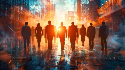 Obraz premium Silhouetted figures of businesspeople walking towards a brightly lit cityscape, giving a feeling of purpose and new beginnings