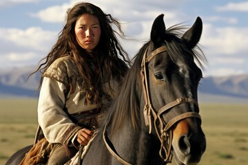 Obraz premium Intense portrait of a young woman horseback riding in the vast steppe during golden hour