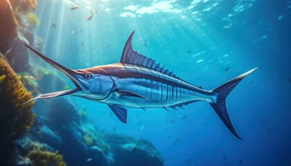 Naklejka premium Giant Marlin fish in the ocean, beautiful view of marlin fish in the blue ocean