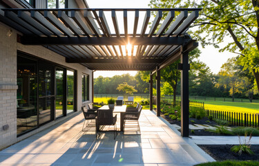 Morning sunlight spills through a matte black louvered pergola on a back patio