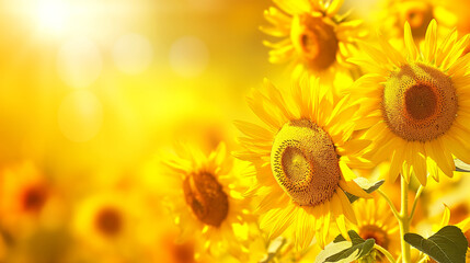 Fototapeta premium Sunny yellow background with sunflowers, copy space. Sunshine bright art design in warm color.