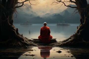 Peaceful Monk sitting lake. Holy reflection. Generate Ai