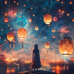 a woman standing on a book looking at lanterns floating in the sky