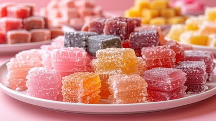 photo of Turkish Delight Plate on color background closeup