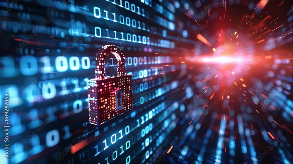 Wall mural cyber security concept. digital padlock on abstract cyber security with binary code