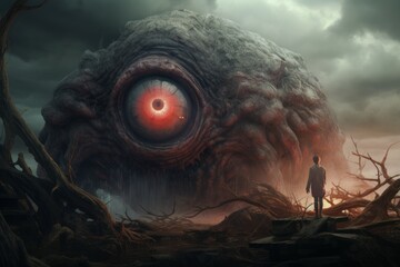 Person stands before a colossal eye amidst a dystopian scene under a dramatic sky
