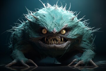 Digital artwork of a menacing fantasy monster with fierce yellow eyes in a shadowy atmosphere