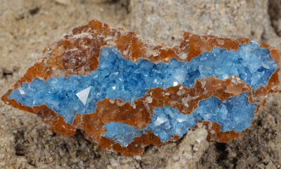 The blue crystals are embedded in a rocky matrix, giving a contrasting texture between the smooth, shiny crystals and the dull, rough stone.
