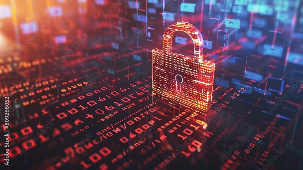 Wall mural cyber security concept. digital padlock on abstract cyber security with binary code