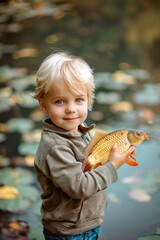 the boy is holding a fish in his hands. selective focus