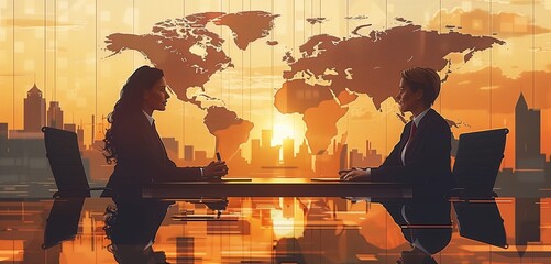 a diplomat female negotiating at an international meeting, 2d, flat, illustration, solid color.