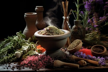 Still life of steaming herbs in a mortar, with scattered spices, on a dark backdrop - Powered by Adobe