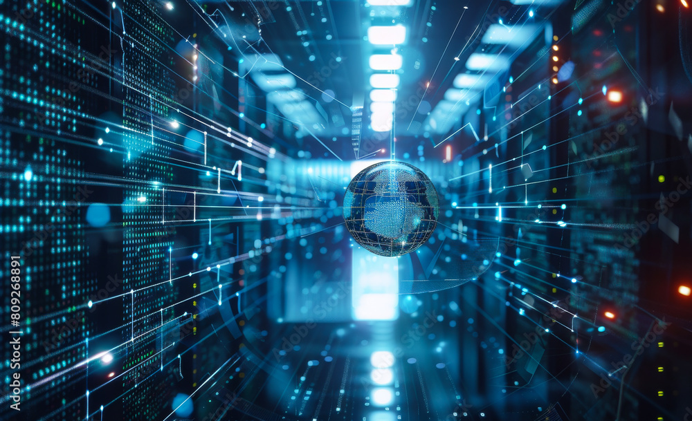 Poster sphere is seen in the center of futuristic data center with matrix of lights
