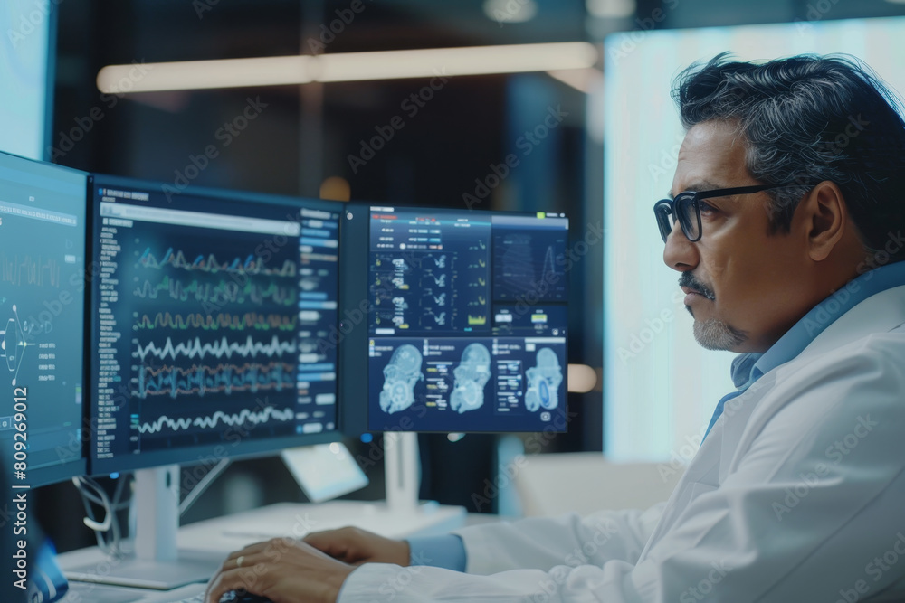Poster a man in a lab coat is looking at a computer monitor with two screens