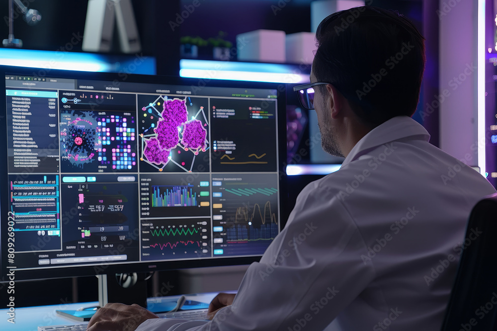 Poster a man is sitting in front of a computer monitor with several graphs