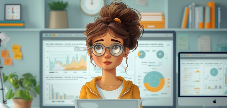 a meteorologist female analyzing weather patterns, 2d, flat, illustration, solid color.