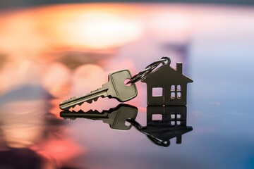 House shaped keys on reflective surface with blurred vibrant colors, symbolizing homeownership at dusk