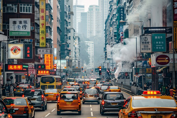 A busy city street with lots of taxis and cars