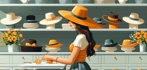 a milliner female designing fashionable hats, 2d, flat, illustration, solid color.