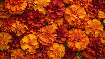 Fototapeta premium A bunch of orange flowers are arranged in a row. The flowers are orange and red, and they are arranged in a way that creates a sense of depth and dimension