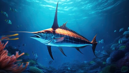 Obraz premium Giant Marlin fish in the ocean, beautiful view of marlin fish in the blue ocean