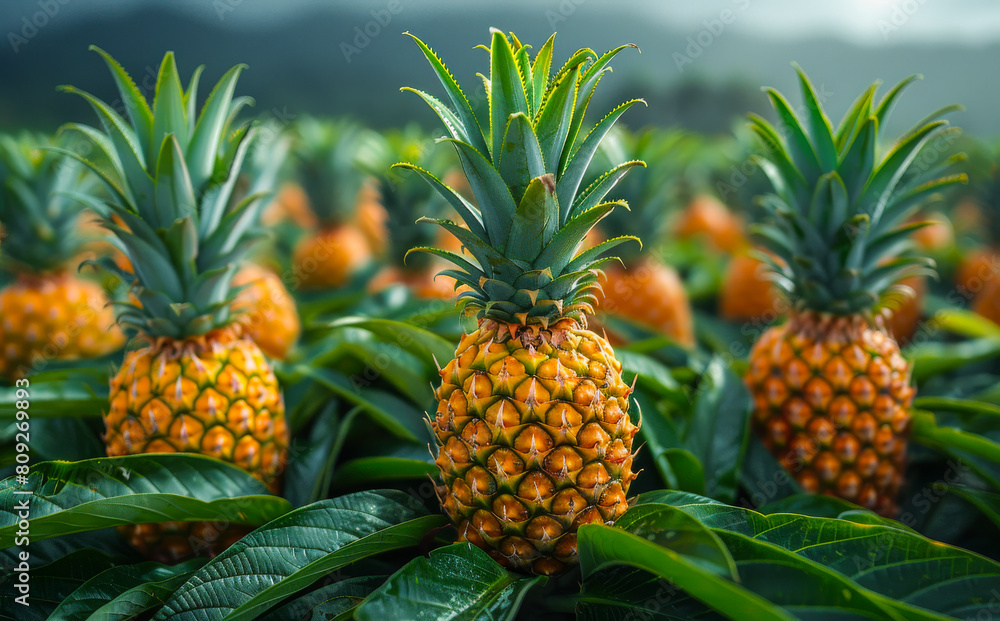 Poster pineapples on the field. a large pineapple field with many pineapples growing in it