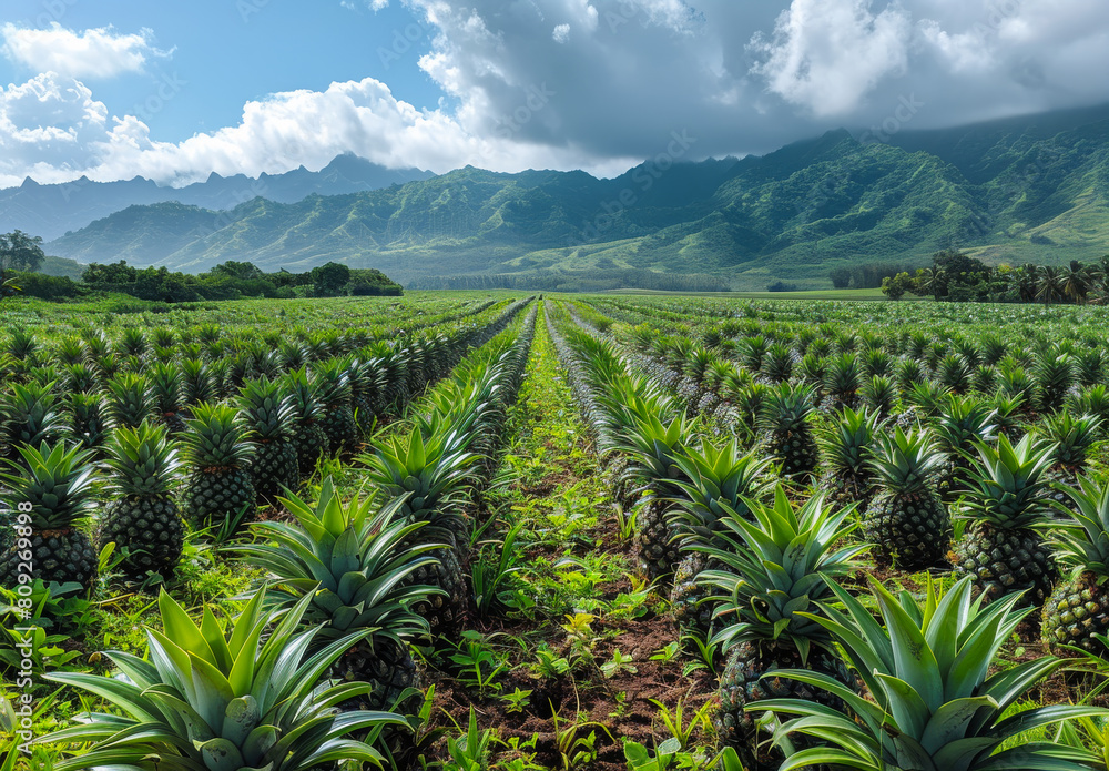 Poster pineapple fields in the mountains. a large pineapple field with many pineapples growing in it