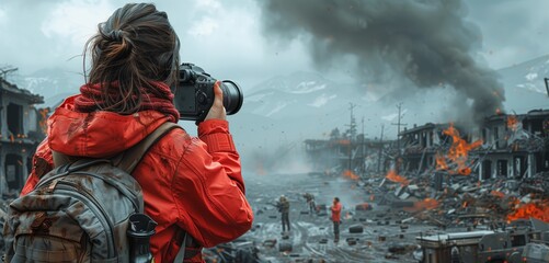 a photojournalist female capturing war zones, 2d, flat, illustration, solid color.